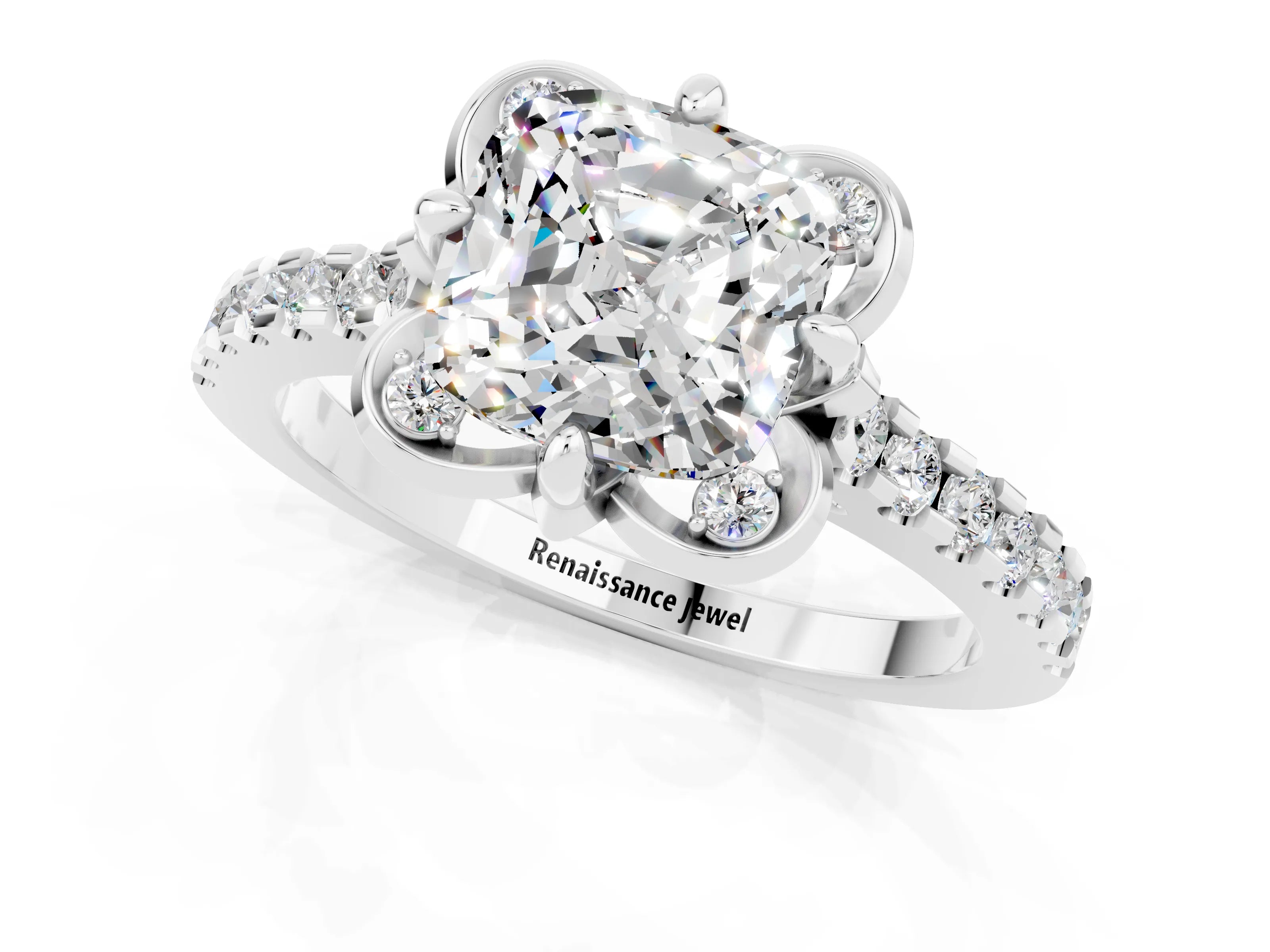 White gold Cushion Cut Moissanite Ring with Pavé Band and Floral Prong Setting_1