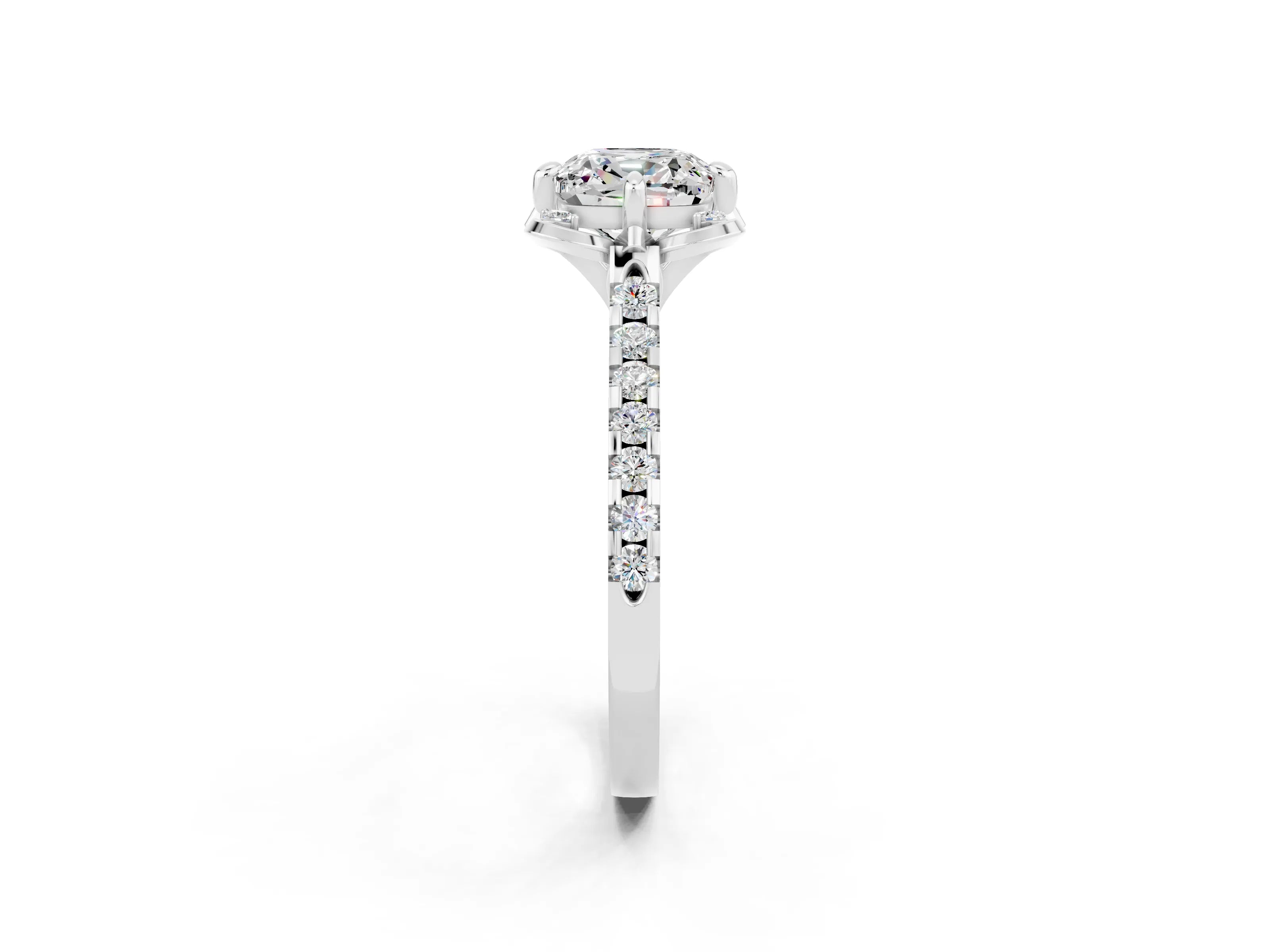White gold Cushion Cut Moissanite Ring with Pavé Band and Floral Prong Setting_2