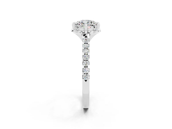 White gold Cushion Cut Moissanite Ring with Pavé Band and Floral Prong Setting