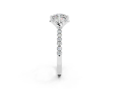 White gold Cushion Cut Moissanite Ring with Pavé Band and Floral Prong Setting_2