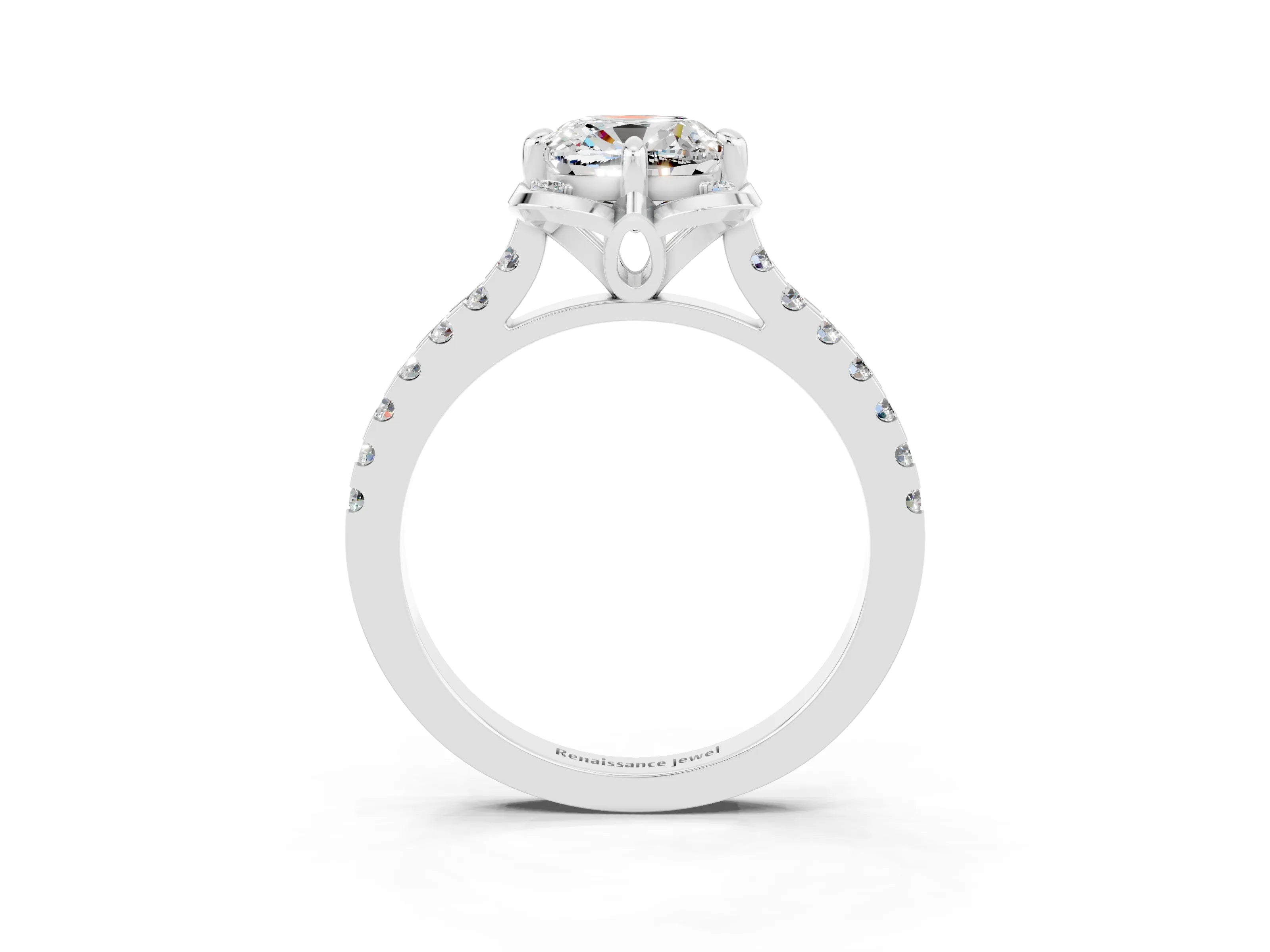White gold Cushion Cut Moissanite Ring with Pavé Band and Floral Prong Setting_3