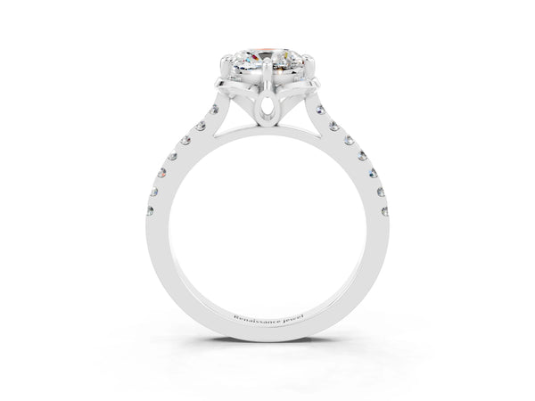 White gold Cushion Cut Moissanite Ring with Pavé Band and Floral Prong Setting