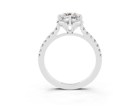 White gold Cushion Cut Moissanite Ring with Pavé Band and Floral Prong Setting_3