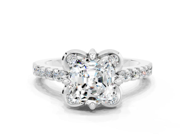White gold Cushion Cut Moissanite Ring with Pavé Band and Floral Prong Setting