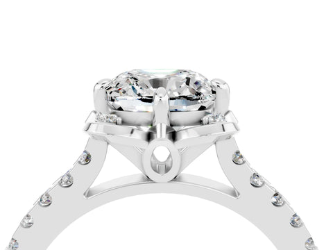 White gold Cushion Cut Moissanite Ring with Pavé Band and Floral Prong Setting_4