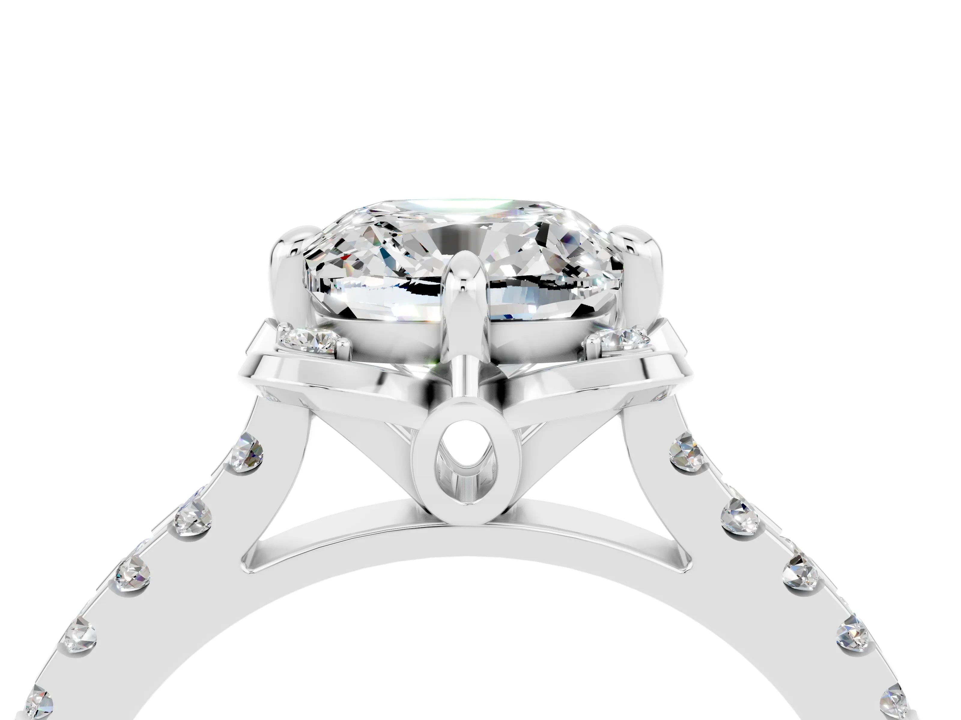 White gold Cushion Cut Moissanite Ring with Pavé Band and Floral Prong Setting_4
