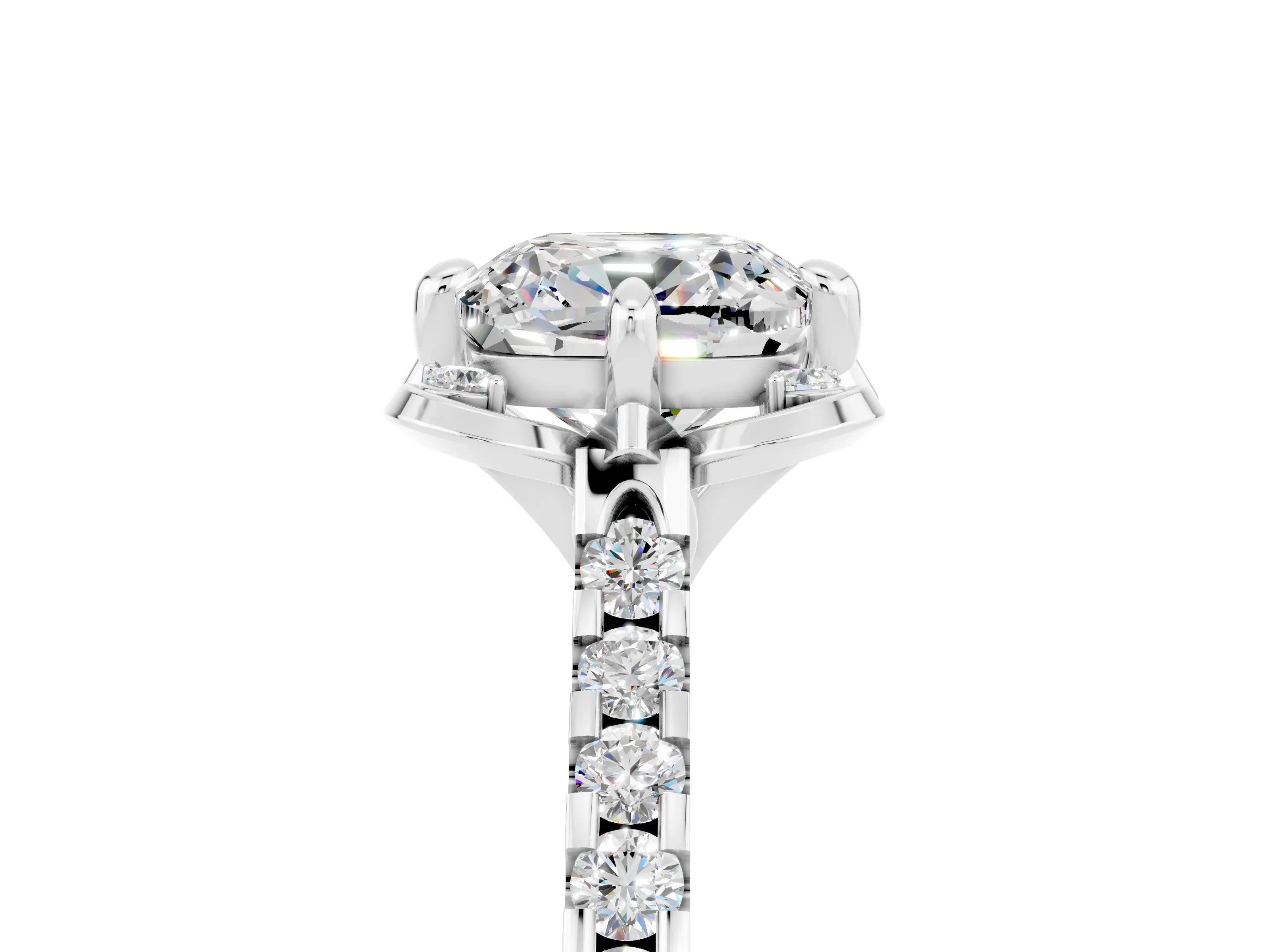 White gold Cushion Cut Moissanite Ring with Pavé Band and Floral Prong Setting_5
