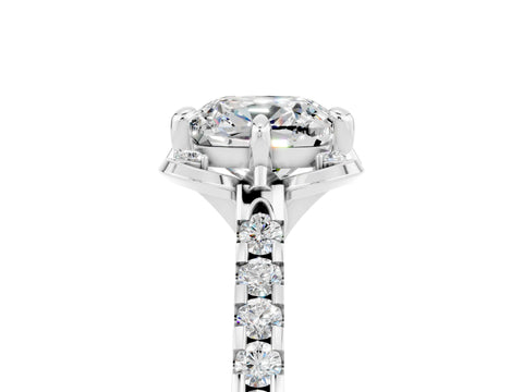 White gold Cushion Cut Moissanite Ring with Pavé Band and Floral Prong Setting_5