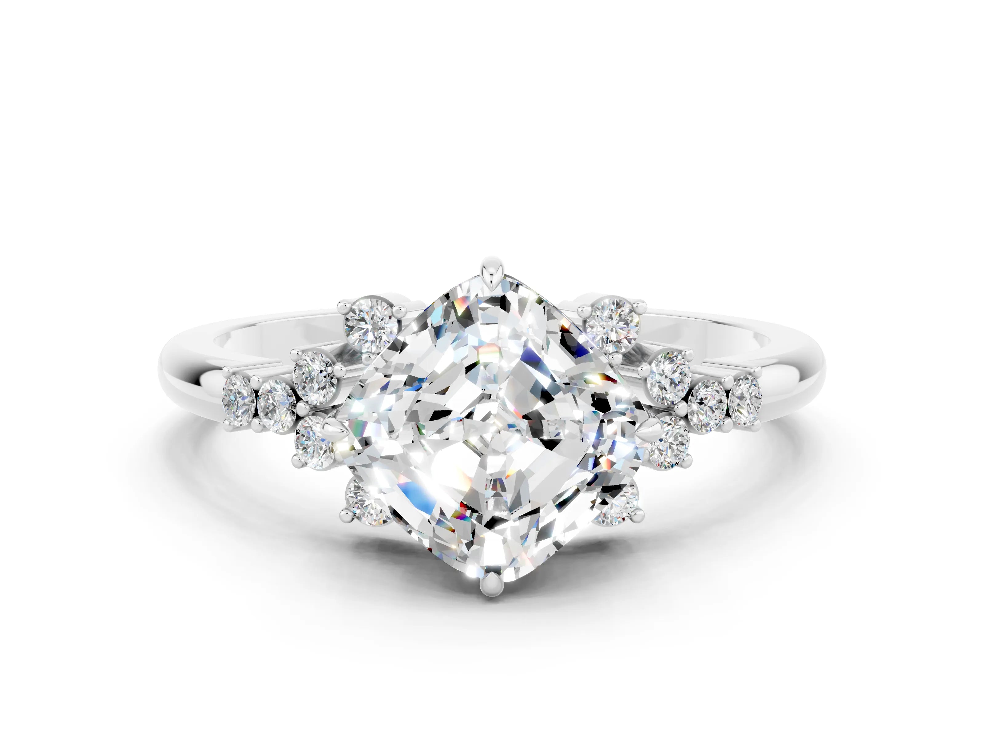 White gold Cushion Cut Moissanite Ring with Side Stones and Four-Prong Setting_36