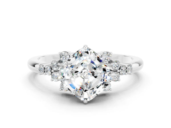 Platinum Cushion Cut Moissanite Ring with Side Stones and Four-Prong Setting