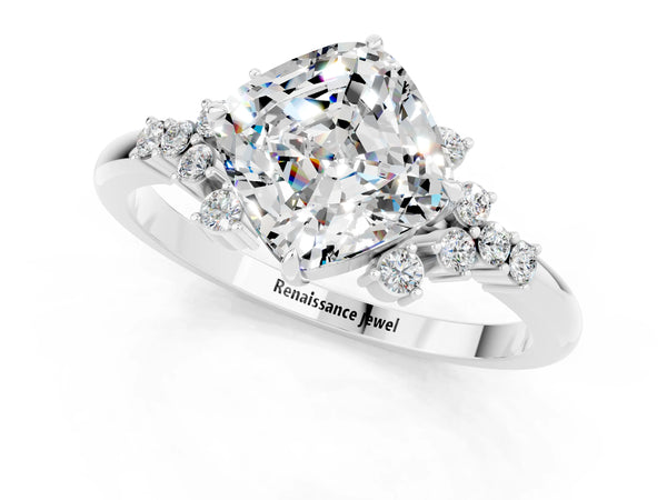 White gold Cushion Cut Moissanite Ring with Side Stones and Four-Prong Setting