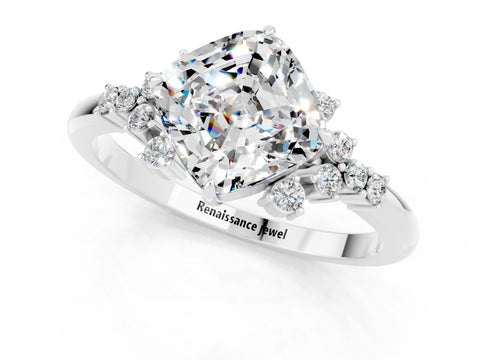 White gold Cushion Cut Moissanite Ring with Side Stones and Four-Prong Setting_37