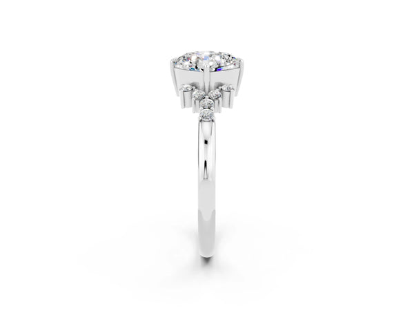 Silver Cushion Cut Moissanite Ring with Side Stones and Four-Prong Setting
