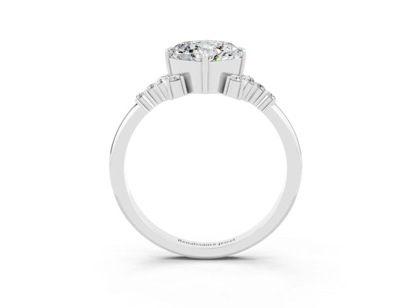 Platinum Cushion Cut Moissanite Ring with Side Stones and Four-Prong Setting