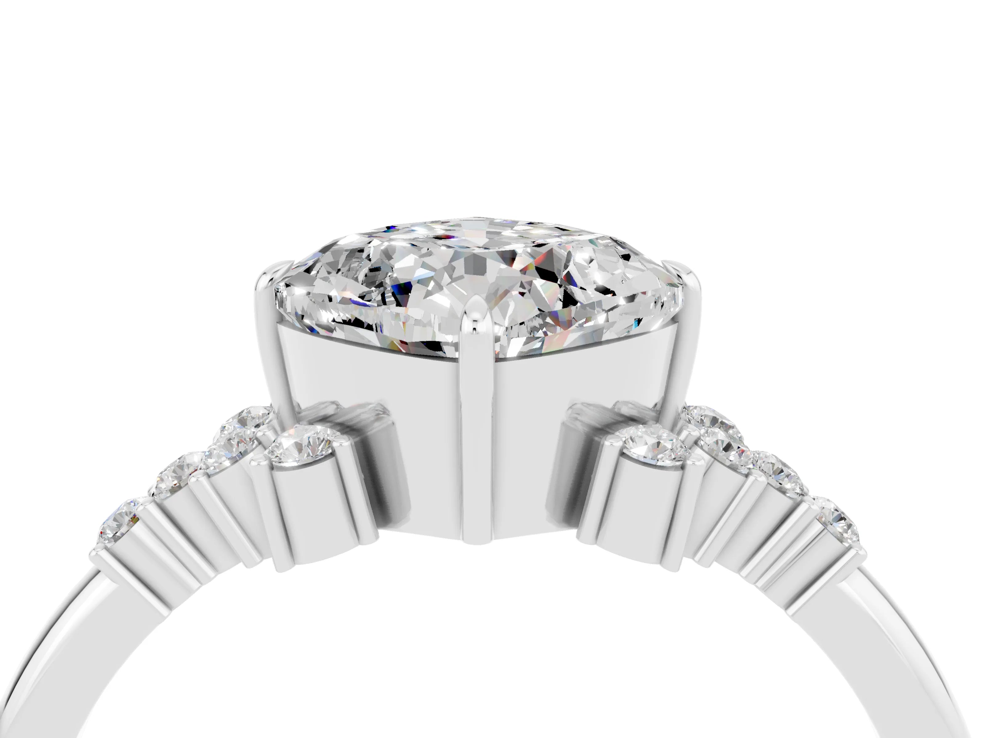 White gold Cushion Cut Moissanite Ring with Side Stones and Four-Prong Setting_40