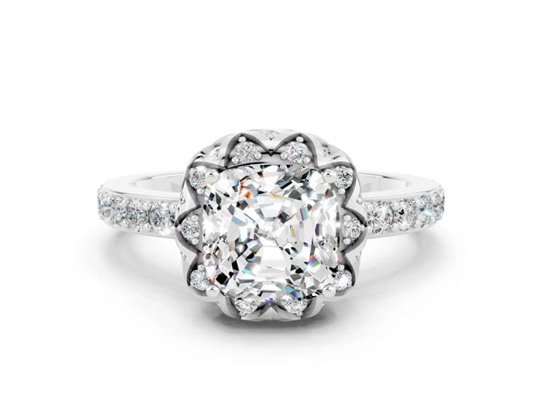Platinum Cushion Cut Moissanite Scalloped Halo Engagement Ring with Round Shared Prong Band