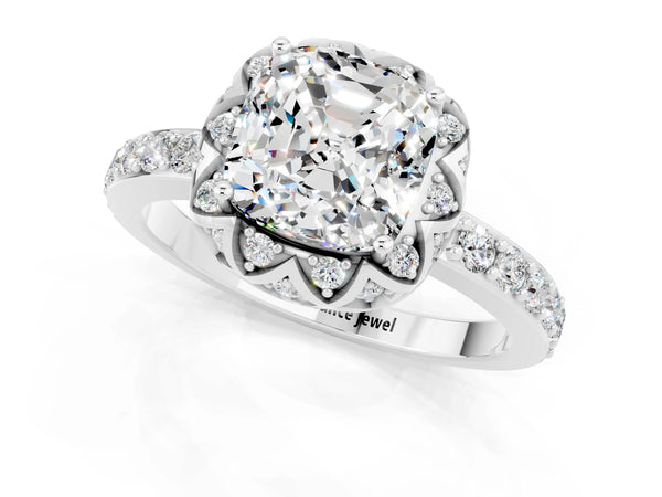 Platinum Cushion Cut Moissanite Scalloped Halo Engagement Ring with Round Shared Prong Band