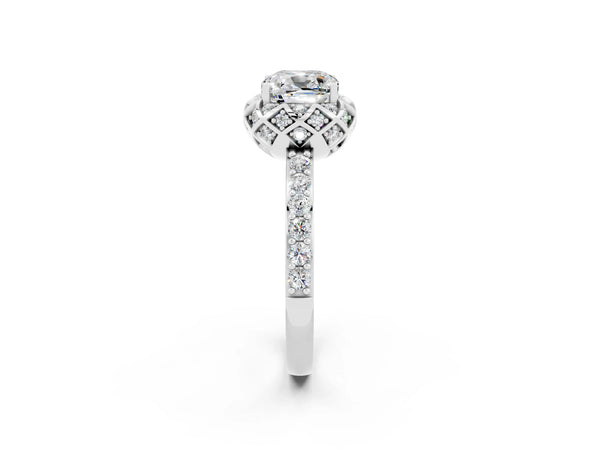 Platinum Cushion Cut Moissanite Scalloped Halo Engagement Ring with Round Shared Prong Band