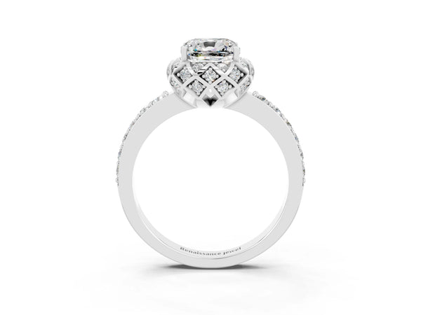 Silver Cushion Cut Moissanite Scalloped Halo Engagement Ring with Round Shared Prong Band