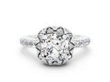 White gold Cushion Cut Moissanite Scalloped Halo Engagement Ring with Round Shared Prong Band_24