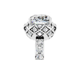 White gold Cushion Cut Moissanite Scalloped Halo Engagement Ring with Round Shared Prong Band_29