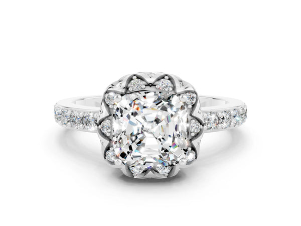 White gold Cushion Cut Moissanite Scalloped Halo Engagement Ring with Round Shared Prong Band
