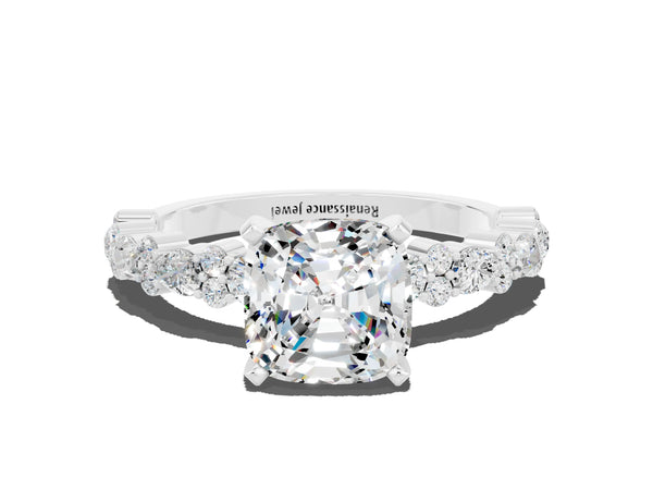 Platinum Cushion Cut Moissanite Side Stone Solitaire Ring with Round  and Four-Prong Setting