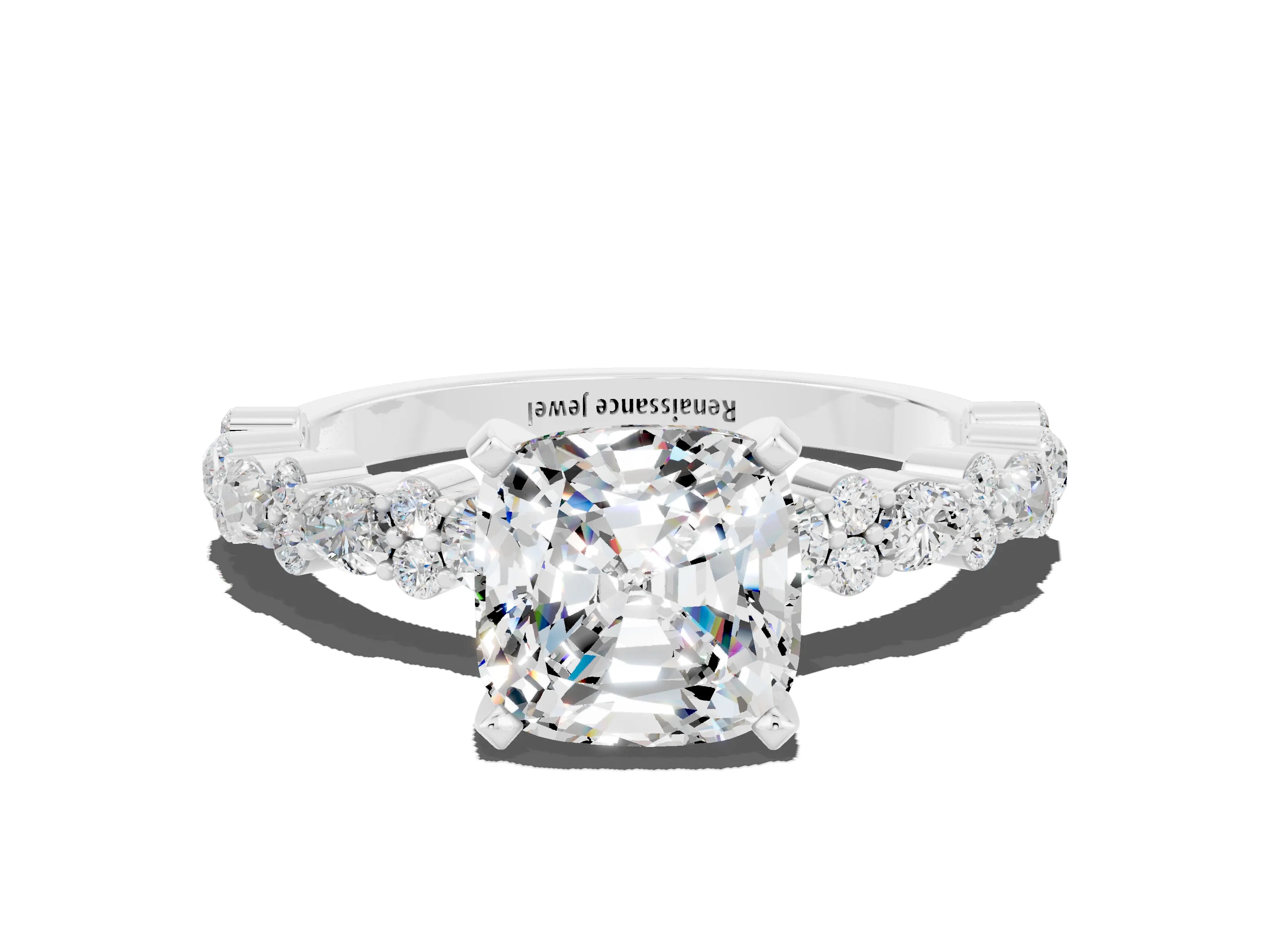 White gold Cushion Cut Moissanite Side Stone Solitaire Ring with Round  and Four-Prong Setting_48