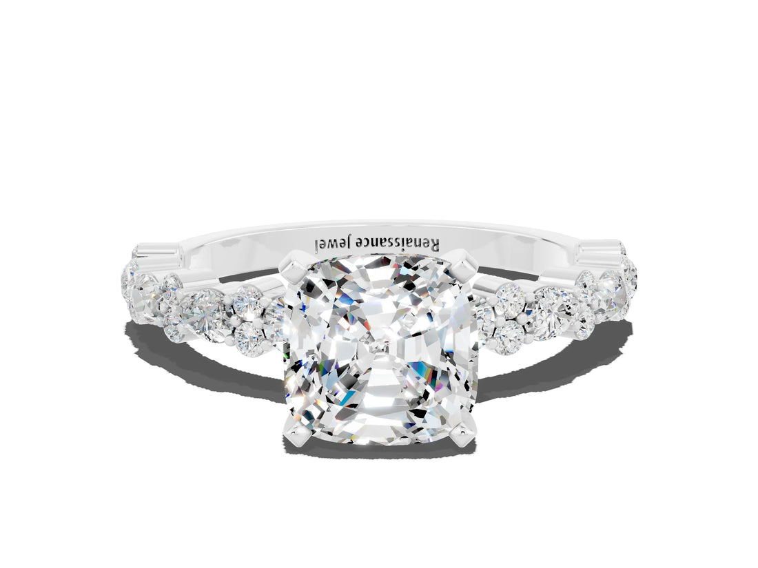 White gold Cushion Cut Moissanite Side Stone Solitaire Ring with Round  and Four-Prong Setting_48