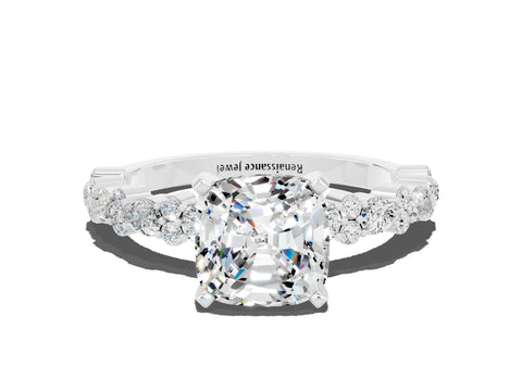White gold Cushion Cut Moissanite Side Stone Solitaire Ring with Round  and Four-Prong Setting_48