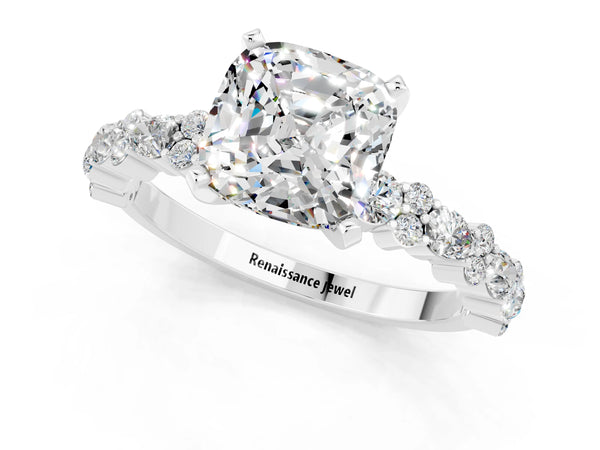 White gold Cushion Cut Moissanite Side Stone Solitaire Ring with Round  and Four-Prong Setting