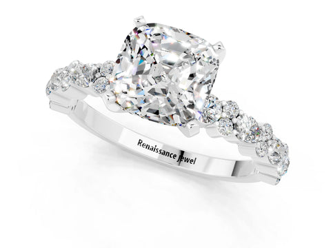 White gold Cushion Cut Moissanite Side Stone Solitaire Ring with Round  and Four-Prong Setting_49