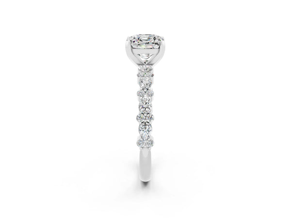 Platinum Cushion Cut Moissanite Side Stone Solitaire Ring with Round  and Four-Prong Setting