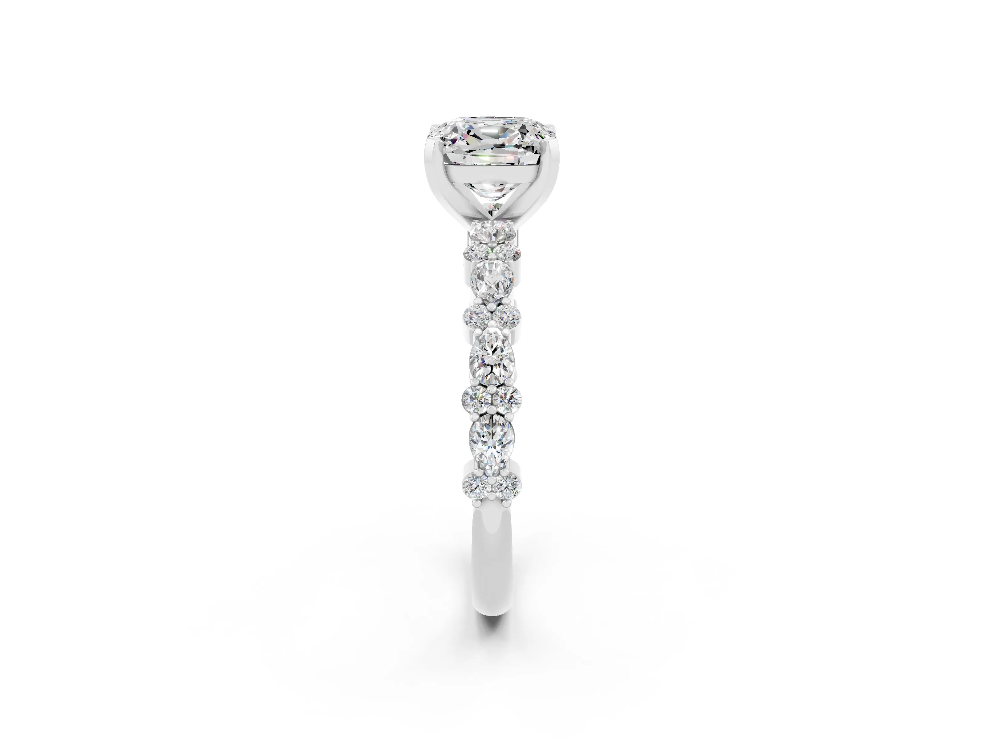White gold Cushion Cut Moissanite Side Stone Solitaire Ring with Round  and Four-Prong Setting_50