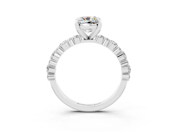 White gold Cushion Cut Moissanite Side Stone Solitaire Ring with Round  and Four-Prong Setting