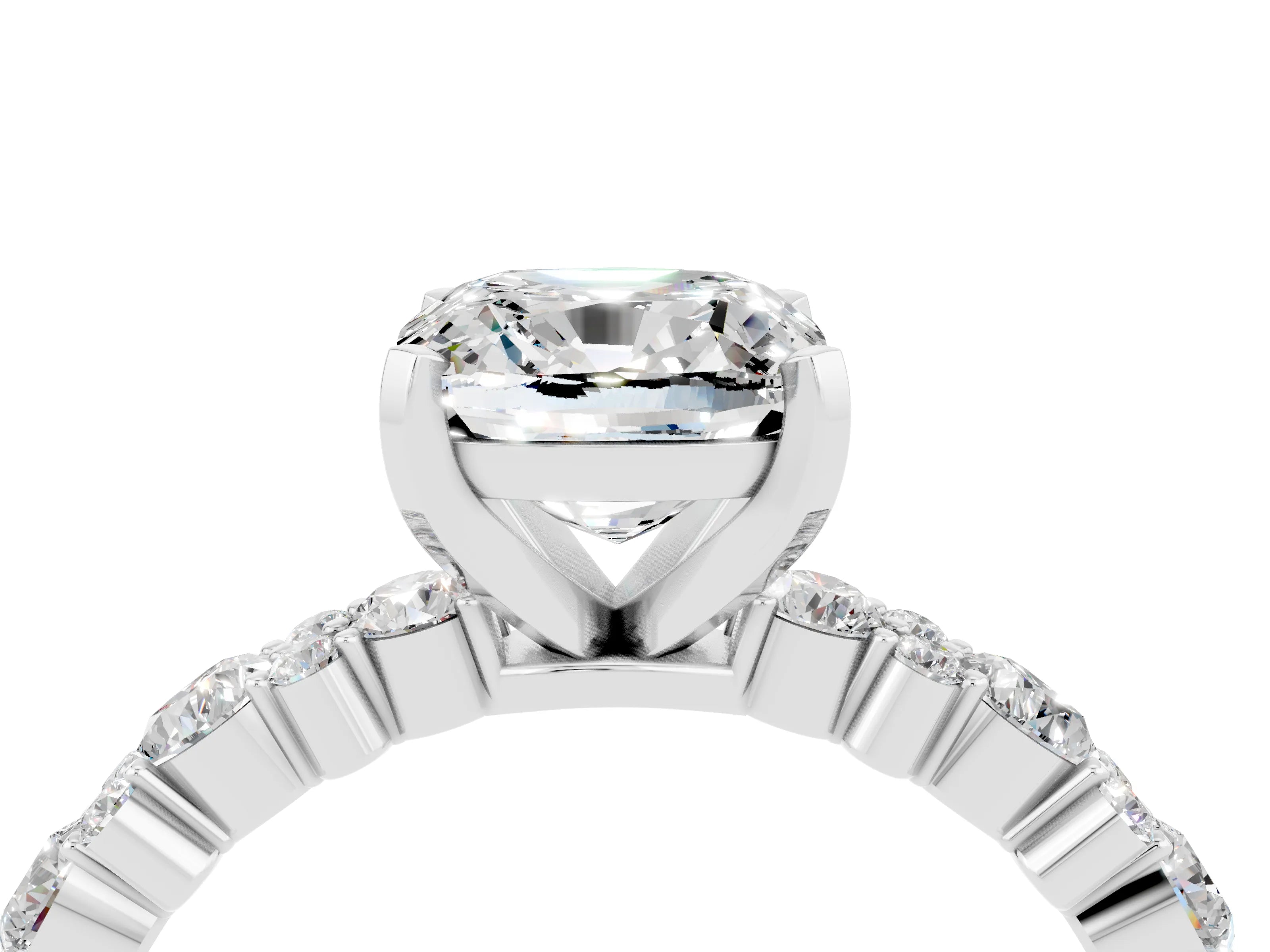 White gold Cushion Cut Moissanite Side Stone Solitaire Ring with Round  and Four-Prong Setting_52