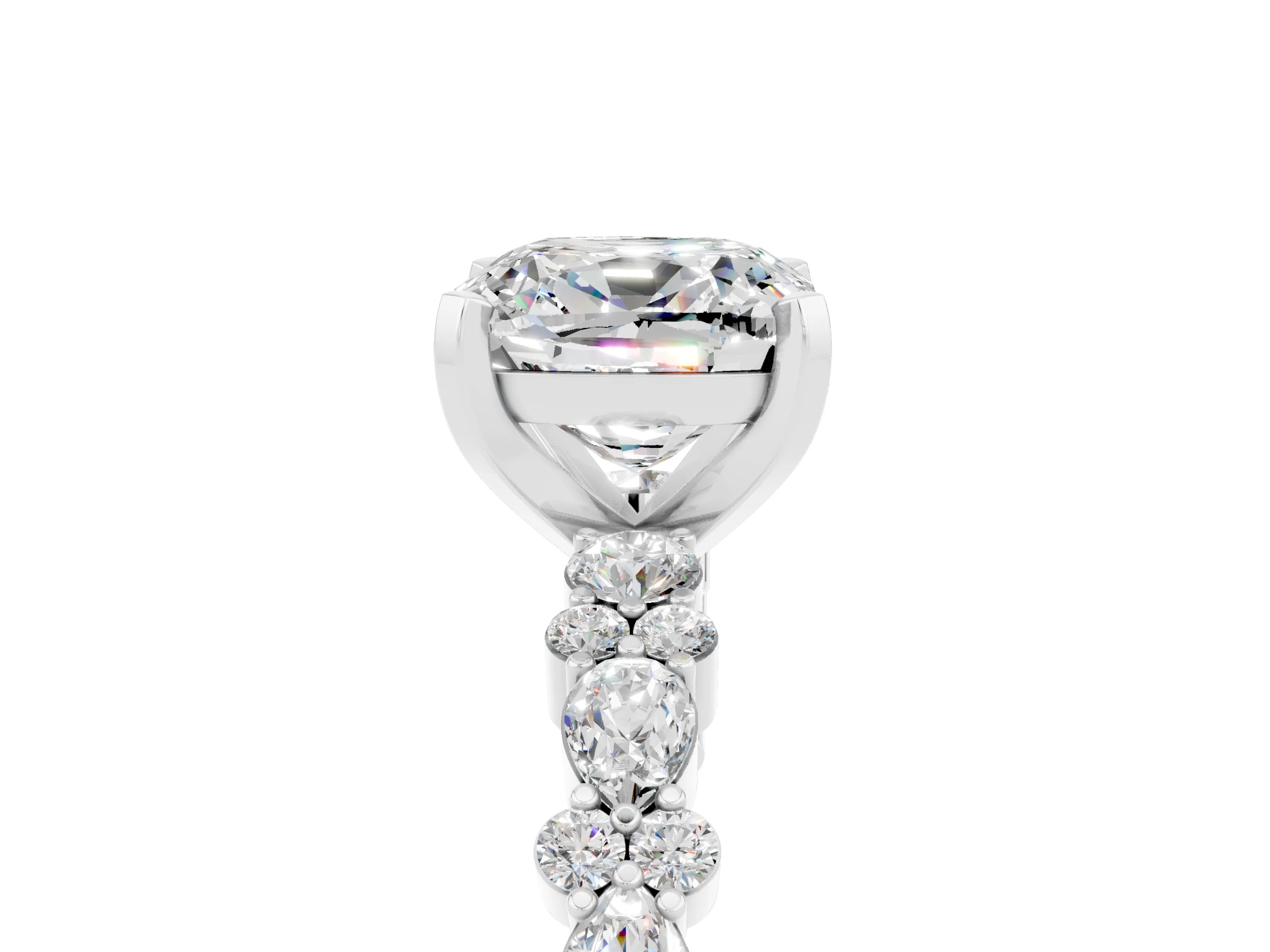 White gold Cushion Cut Moissanite Side Stone Solitaire Ring with Round  and Four-Prong Setting_53