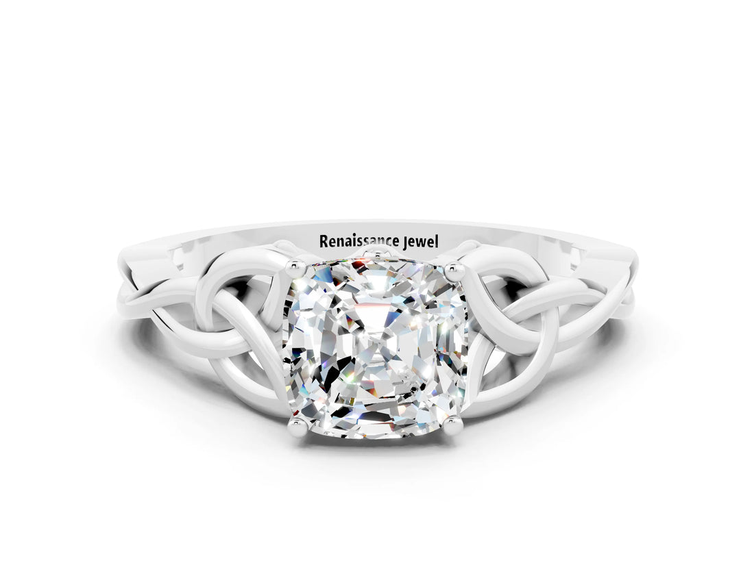 White gold Cushion Cut Moissanite Solitaire Celtic Knot Ring with Four-Prong Setting_12