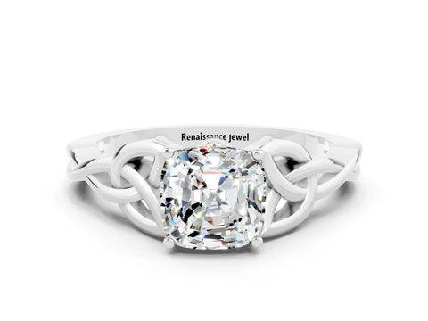 White gold Cushion Cut Moissanite Solitaire Celtic Knot Ring with Four-Prong Setting_12
