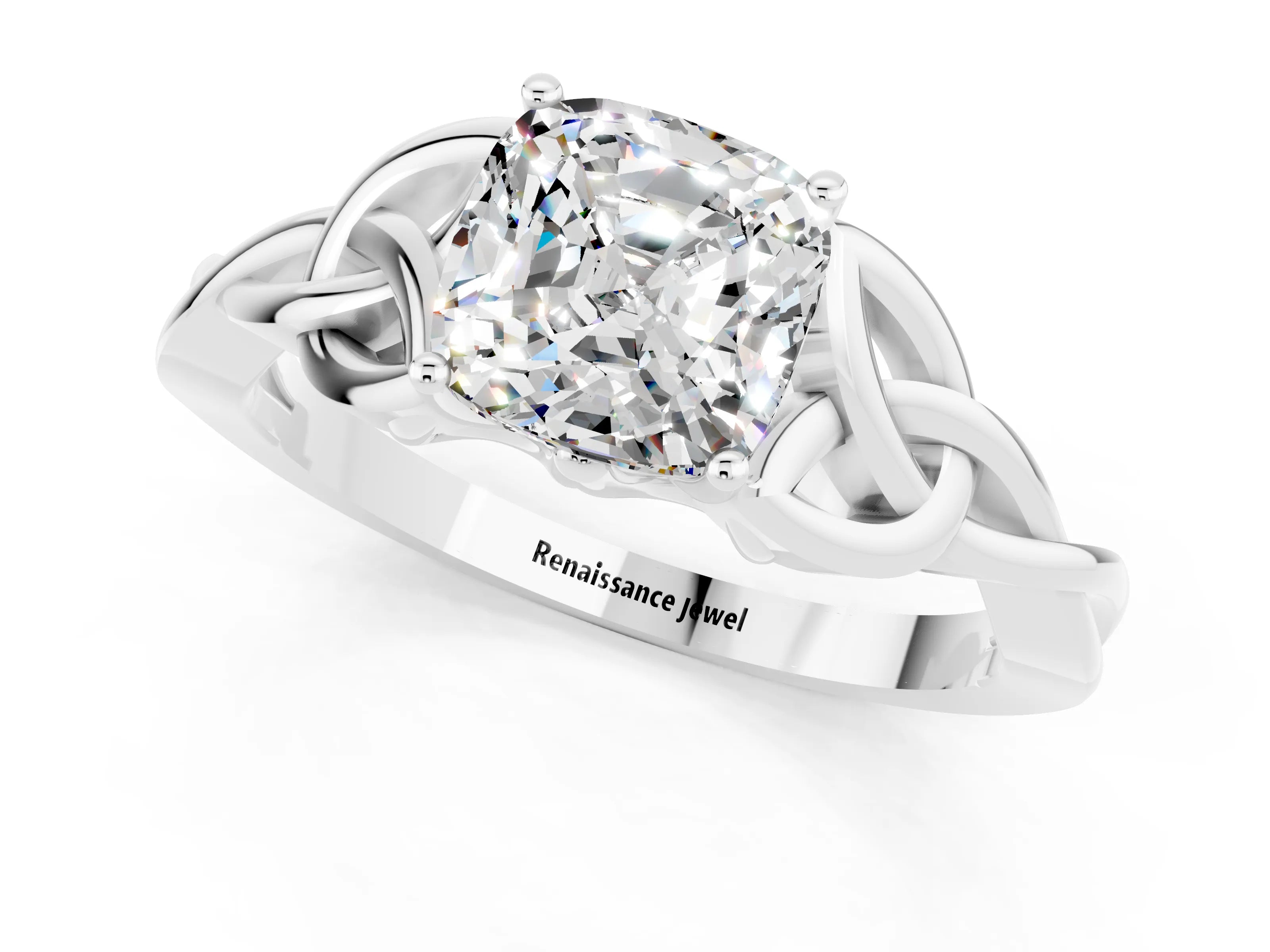 White gold Cushion Cut Moissanite Solitaire Celtic Knot Ring with Four-Prong Setting_13