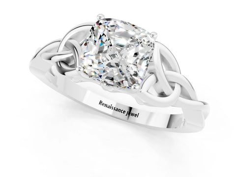 White gold Cushion Cut Moissanite Solitaire Celtic Knot Ring with Four-Prong Setting_13