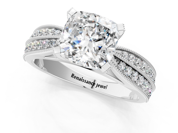 Platinum Cushion Cut Moissanite   Solitaire Diamond Ring with Milgrain Pavé Band and Four-Prong Setting