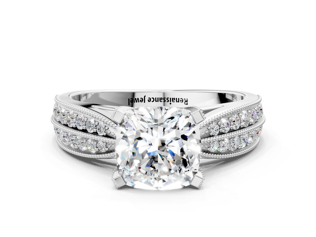 White gold Cushion Cut Moissanite   Solitaire Diamond Ring with Milgrain Pavé Band and Four-Prong Setting_34