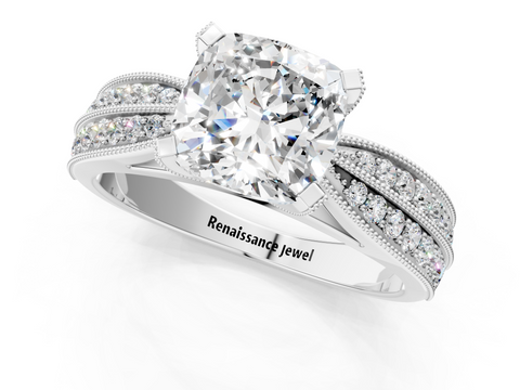 White gold Cushion Cut Moissanite   Solitaire Diamond Ring with Milgrain Pavé Band and Four-Prong Setting_34