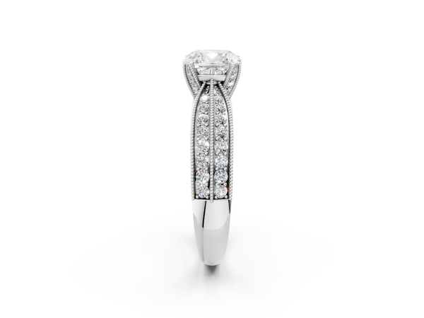 Silver Cushion Cut Moissanite   Solitaire Diamond Ring with Milgrain Pavé Band and Four-Prong Setting
