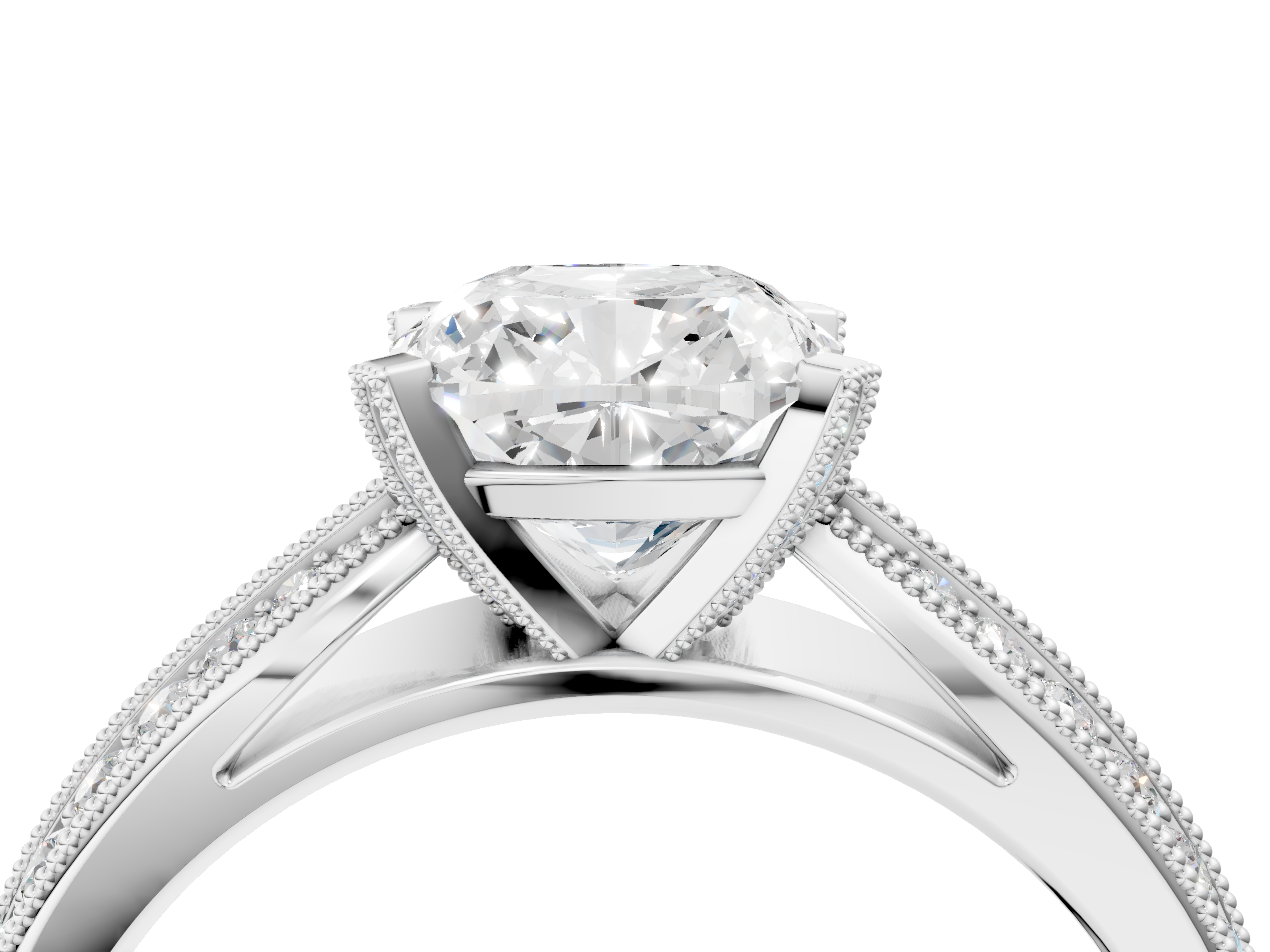 White gold Cushion Cut Moissanite   Solitaire Diamond Ring with Milgrain Pavé Band and Four-Prong Setting_37
