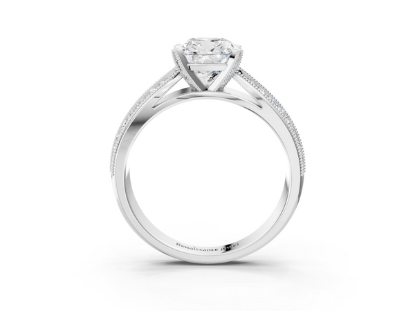 Silver Cushion Cut Moissanite   Solitaire Diamond Ring with Milgrain Pavé Band and Four-Prong Setting