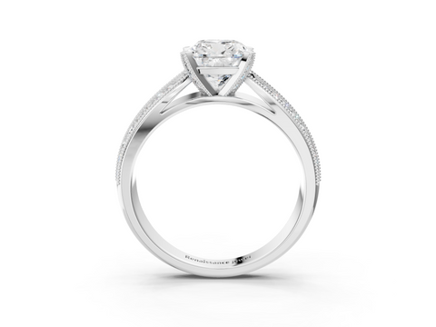 White gold Cushion Cut Moissanite   Solitaire Diamond Ring with Milgrain Pavé Band and Four-Prong Setting_37