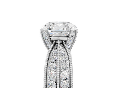 White gold Cushion Cut Moissanite   Solitaire Diamond Ring with Milgrain Pavé Band and Four-Prong Setting_38