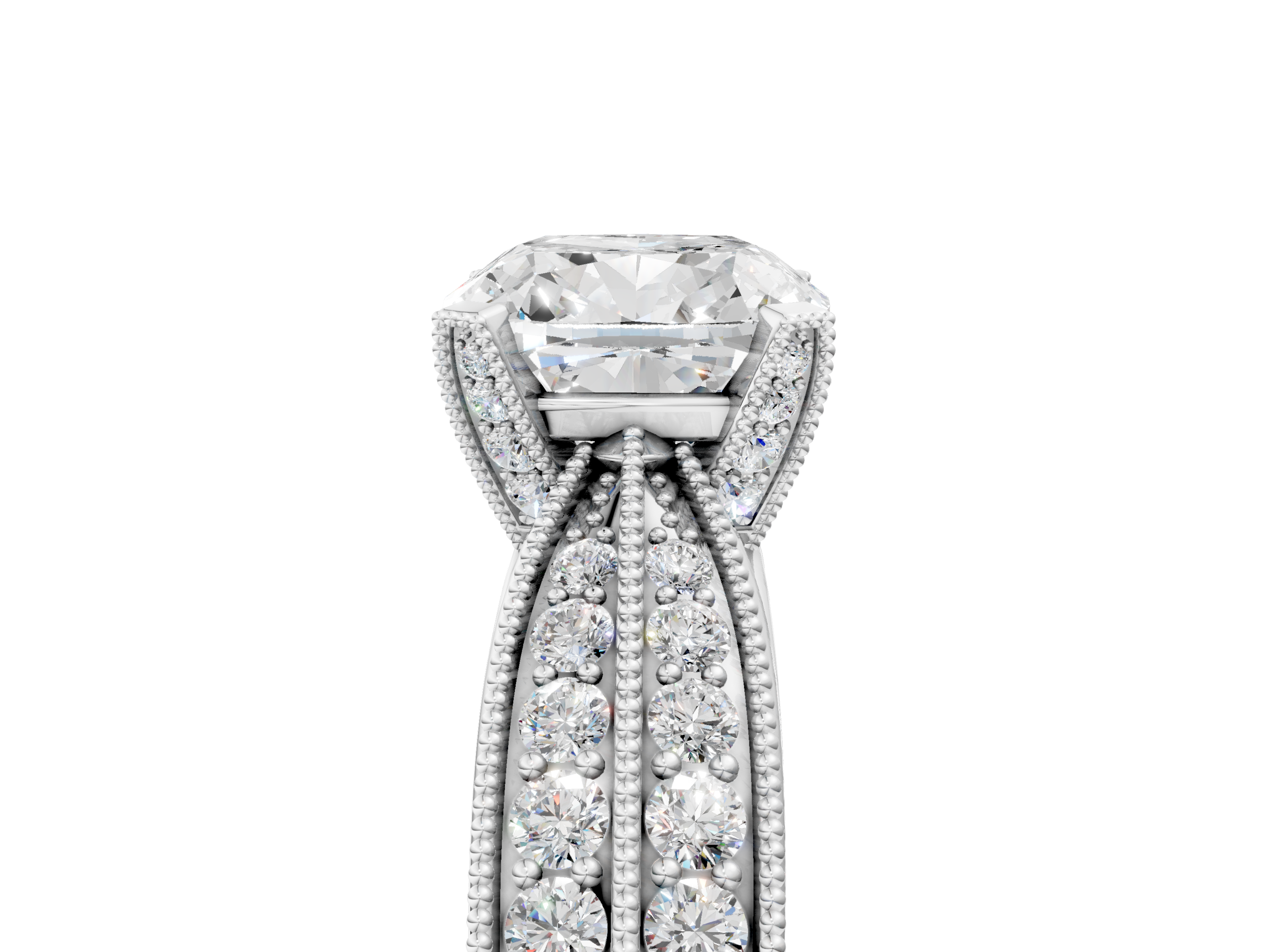 White gold Cushion Cut Moissanite   Solitaire Diamond Ring with Milgrain Pavé Band and Four-Prong Setting_39